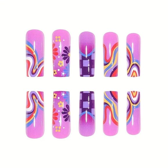 24pcs Glossy Purple Fake Nails with Cute Flower Checkerboard and Rainbow Swirl - Picture 2 of 6